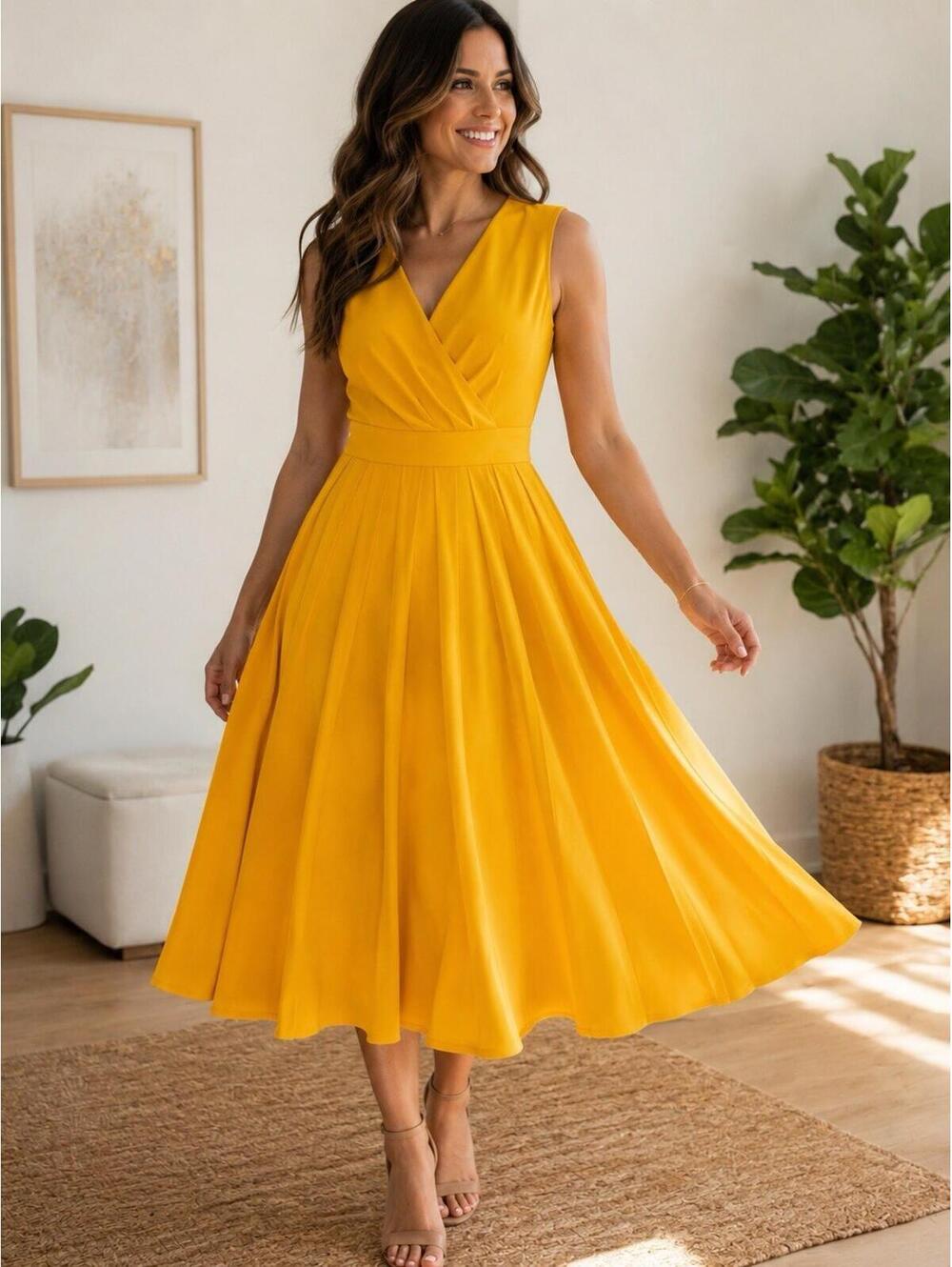 Tahari Yellow Fit & Flare Midi Dress Women Medium Sleeveless Wrap Style